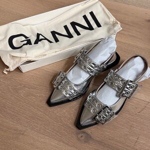 Ganni - Women’s Feminine Buckle Ballerina Metallic Sandals